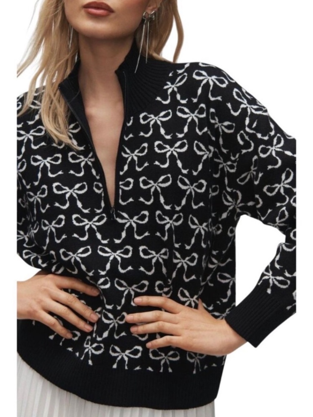 Anthropologie Montana Mock Neck Sweater Maeve Half Zip Up Black Bows Womens XS